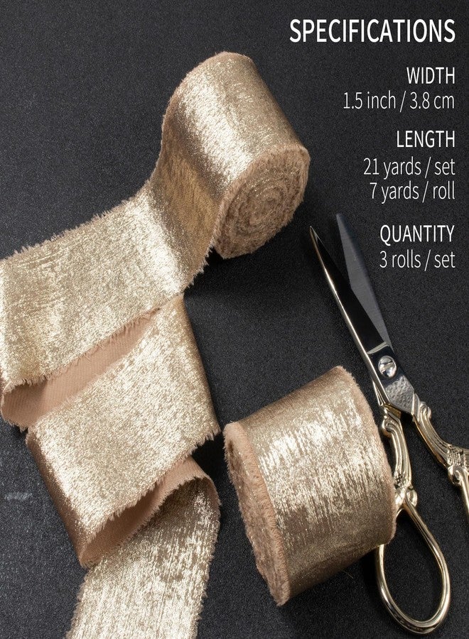 Mlurcu Tan Chiffon Gold Silk Ribbon - 1.5 Inch x 21 Yds, Handmade Fringe Frayed Ribbon for Flower Bouquet, Gift Wrapping, DIY Crafts, Wedding, Bridal Shower - Image 2